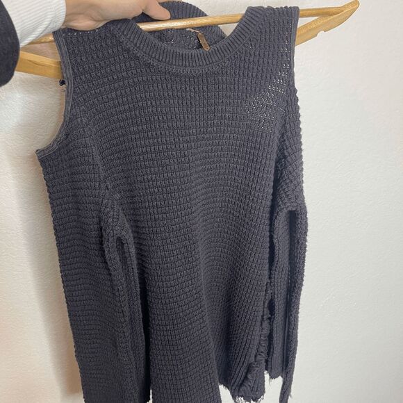 Free People Cold Shoulder Frayed Hem Waffle Knit Faded Black Sweater - Picture 6 of 7